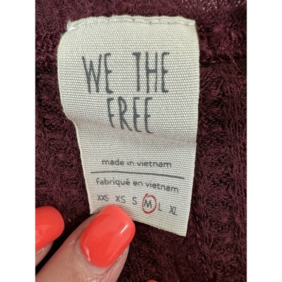 We The Free Women Top Burgundy Waffle Knit Thermal Raw Hem Long Sleeve V Neck M - Picture 5 of 8